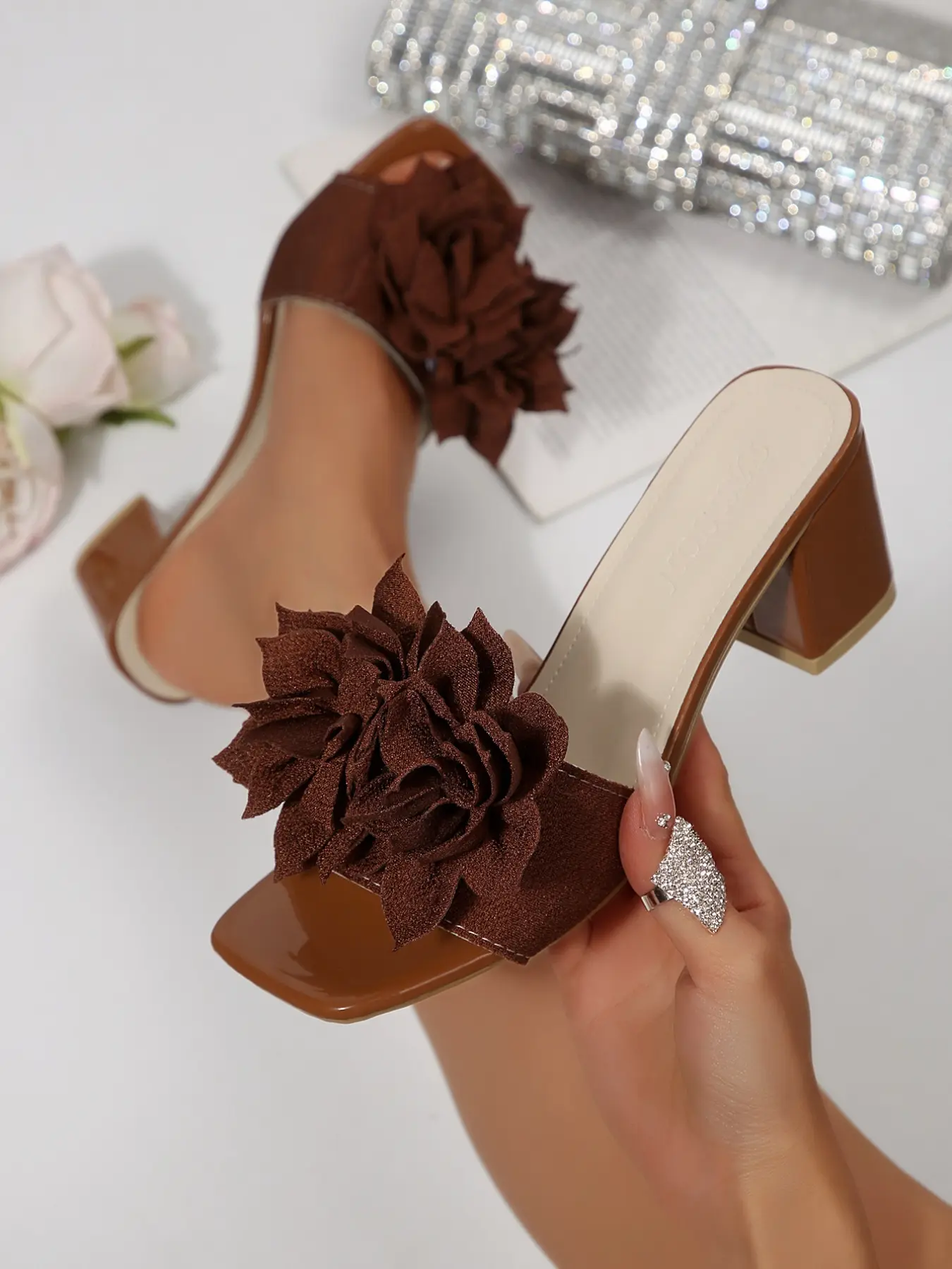 Flower Applique Block Heel Slide Sandals, Women's White Open Toe Wedding Footwear