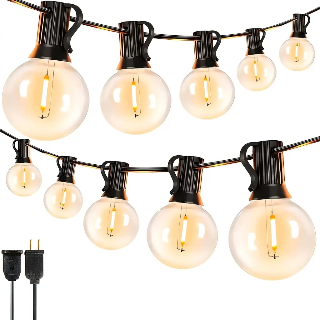 DAYBETTER Outdoor G40 LED String Lights (10-100ft), 1W per Bulb, Plug-in AC Power Supply, Plastic Edison E12 Base Bulbs with Spares, Waterproof Connectable, Home Decor for Backyard Vibes, Garden Accessory
