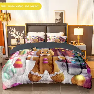 3pcs (1 comforter + 2 pillowcases) Gingerbread Man Flannel & Milk Velvet Comforter Set, Soft Warm Cozy Bedding Set for Adults, Trendy Milk Velvet Bedding Essentials