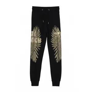 Y2K Angel Core Golden Wing Rhinestone Joggers | Sparkle Embellished Dark Goth Streetwear Sweatpants | TCH - B