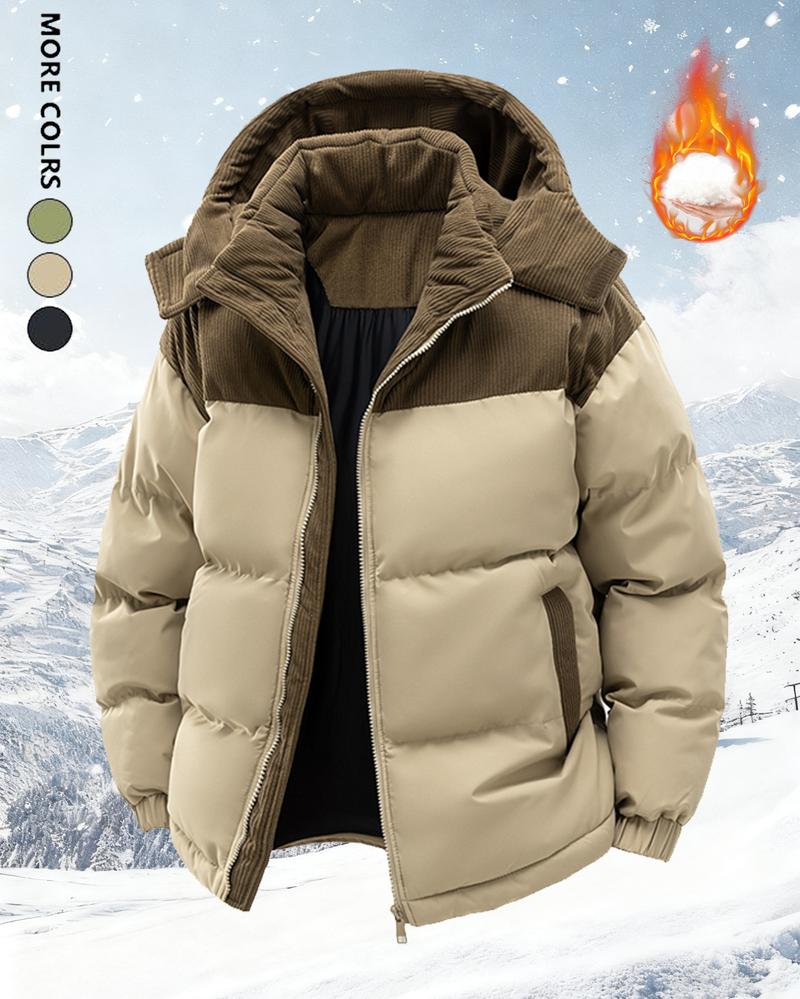 Men's winter hooded casual fluffy wool-lined cotton jacket with detachable pocket cap, warm color-block cotton coat suitable for various occasions such as daily casual wear and weekend outings. style