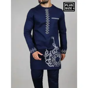 2 Pieces/Set Plus Size Men's Digital Printed Blue Dashiki Set, Long Sleeve, Round Neck, Elastic Waist Pants, African Fashion, Men's Casual Shirt & Pants Set, Party, Date, Wedding
