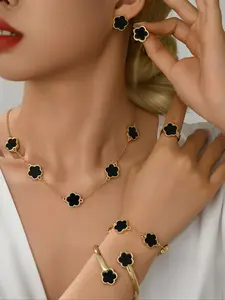 3 Color Five-Leaf Flower Set Bracelet Necklace, Classic Simple Women's Jewelry Set, Perfect for Daily Party Wear