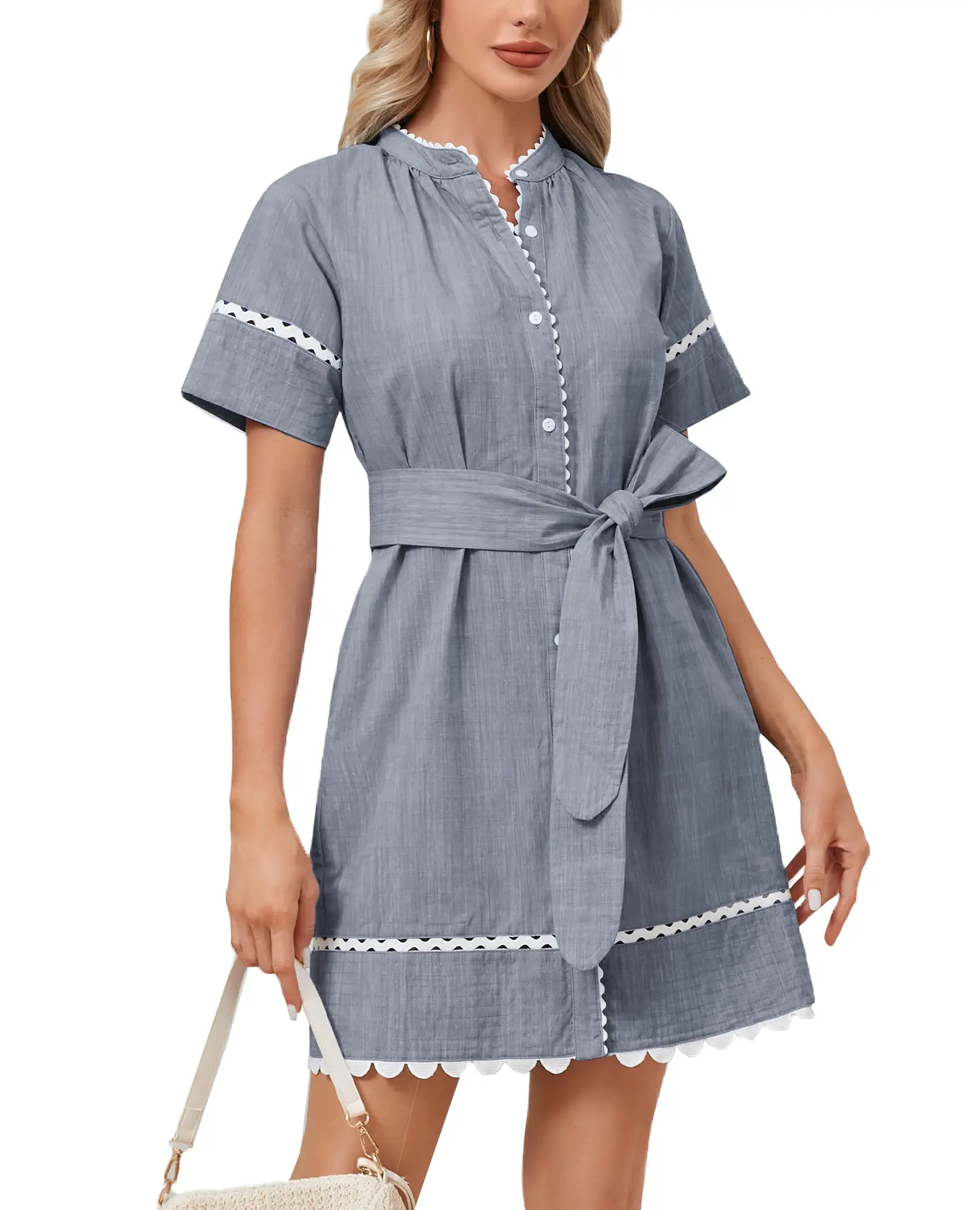 Women's Belted Shirt Dress Summer Short Sleeve Button Down Mini Dress with Pockets Tie Waist Casual Chic Dress