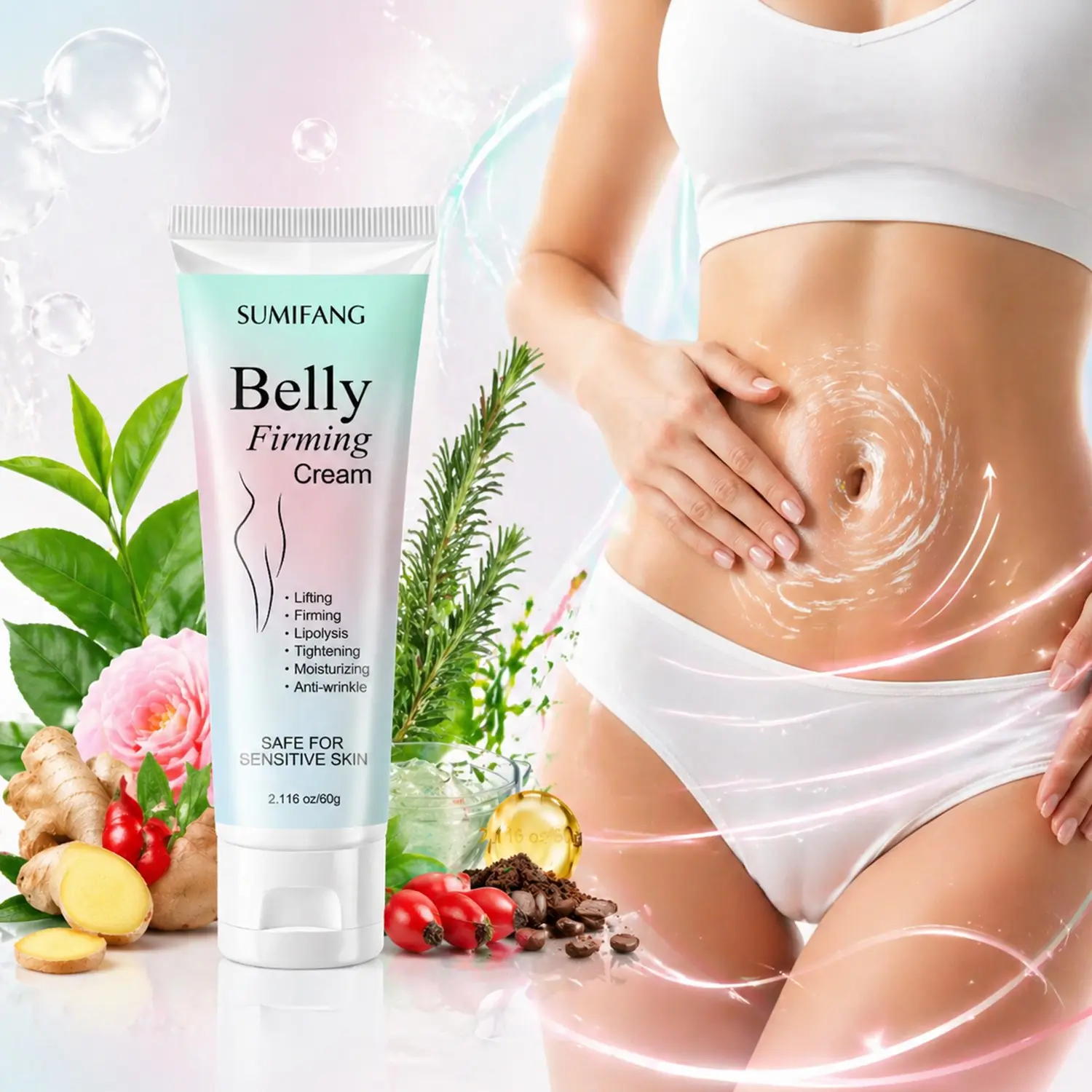 SUMIFANG Abdominal Firming Cream, Firming Belly Cream 60g, Caffeine + Retinol + Green Tea, Lifts, firms, tightens, improving elasticity, daily massage recommended for best results