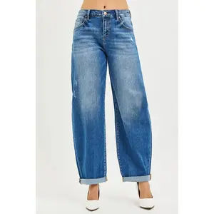 RISEN Full Size Mid Rise Barrel Double Roll Up Jeans Plus Size