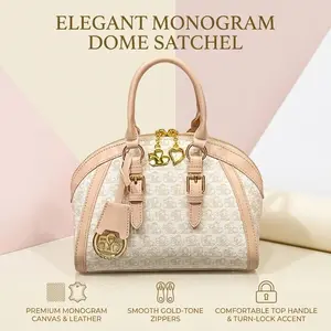 Elegant Monogram Dome Satchel - Luxury Top Handle Bag with Gold-Tone Hardware