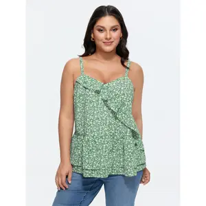 BLOOMCHIC Plus Size Floral Print Ruffled Edge Tank Top [M-6X]2026 Summer Vibes Swimweek