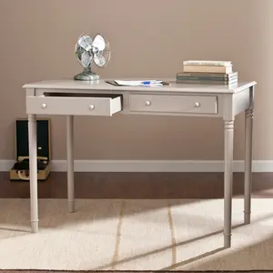 360 stand Warm Gray Rectangular Solid Wood Writing Desk - Dresser Element, Contemporary Home Decor Piece with Carved Spindles, Smooth Paint Glossy Finish, Office Use, Requires Assembly, Drawers Desks, Modern Style Desks