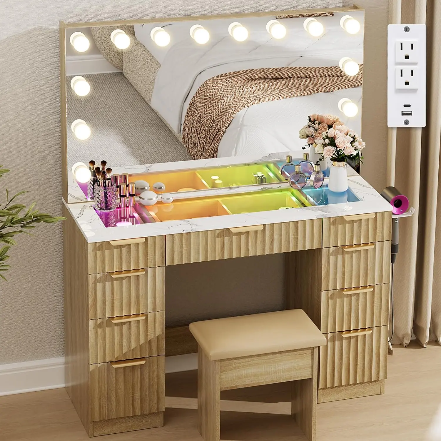 Natural Oak+White marble tabletop