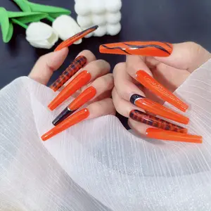 Long Coffin Orange Press On Nails Set - Tortoise Shell & Black Marble Design Fake Nails Kit for FallGlossy Orange Press On Nails Kit | Black Marble Full Cover False Nails Set