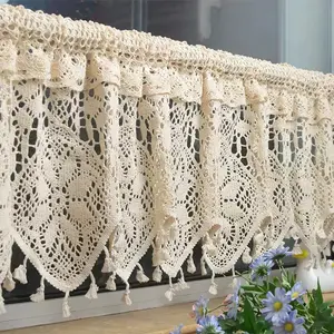 1PC Boho Curtain Valance for Kitchen Bath Oven Vintage Retro Crochet Curtain Kitchen Valance Beige Rustic Farmhouse Cafe Curtains with Tassel Fringe Window Treatment Rod Pocket Top