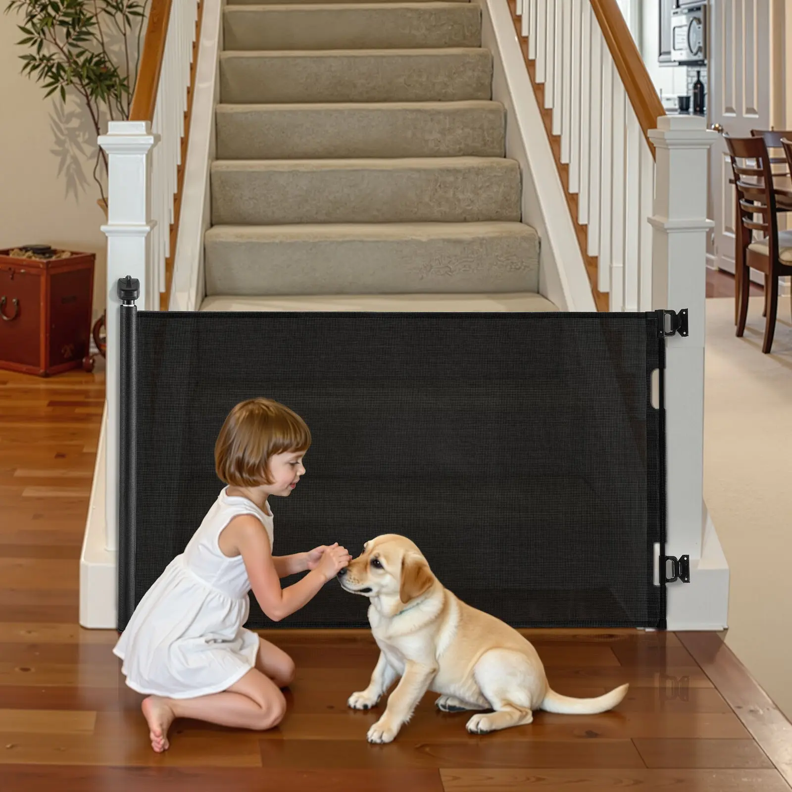 【Summerfinds】VEVOR PVC Mesh Retractable Baby Gate Safety Fence, 38.5 in Tall, Extends to 57 in Wide, with Security Lock, Easy-to-Use Walk-Through No-Tripping Design, for Stairs, Hallways, Indoor/Outdoor, Black, Safety Fences