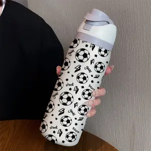 32oz Creative Soccer Double Water Bottle with Straw, Stainless Steel Large Capacity Thermal Cup Drinkware Tumbler Thermo Tumbler for Girls, Great Gift for Birthdays and Holidays, Suitable for Sports, Outdoor, and Daily Use