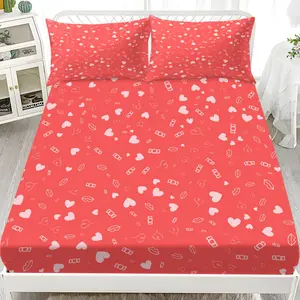 Heart Lip Print Bed Sheet Set with 2 Pillowcases, Valentine's Day Printed Fabric, Easy Clean, Romantic Bedroom Decor, Bed Sheets Set