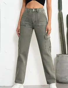 Womenswear Women's Mid-Waisted Wide Straight Leg Cargo Denim Pants - Casual Military Combat Y2k Boyfriend Trousers for Workout