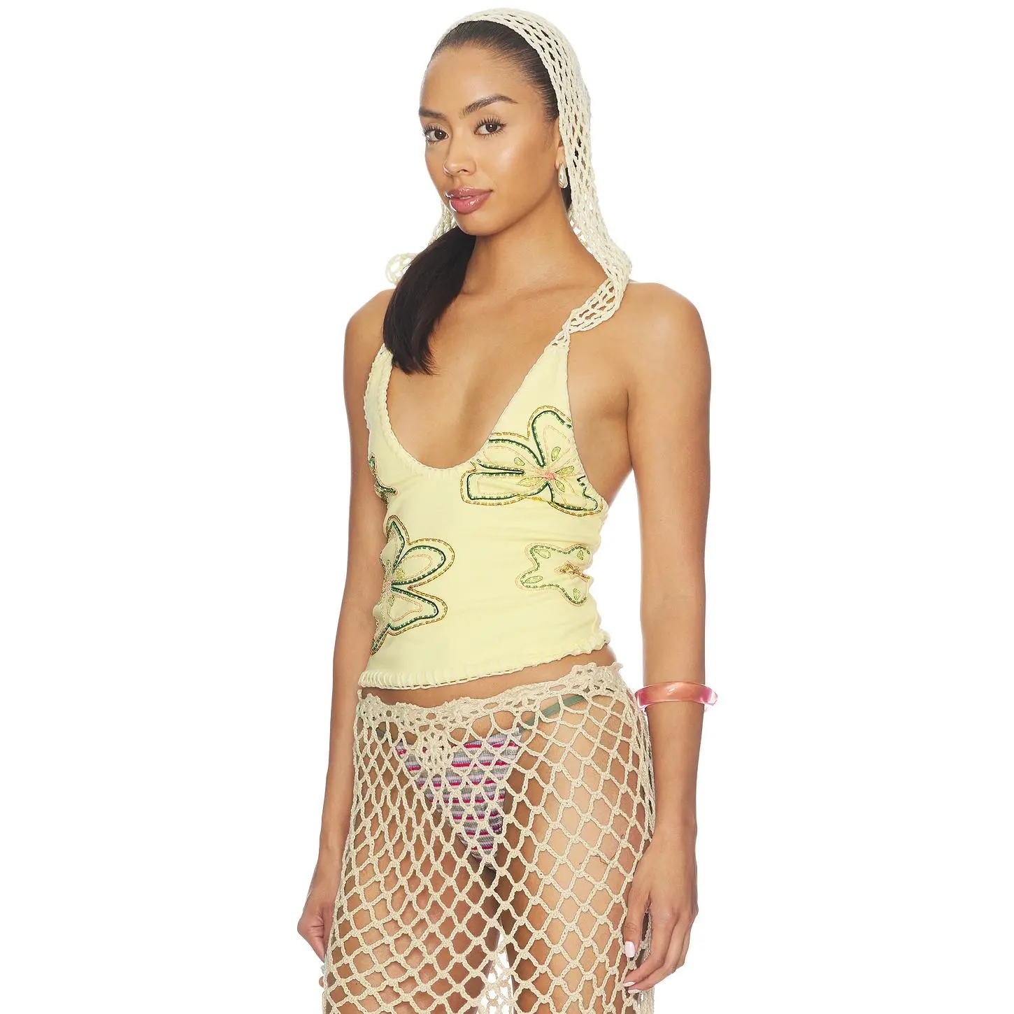 Jaded London Beaded Halter Top With Crochet Hood in Yellow