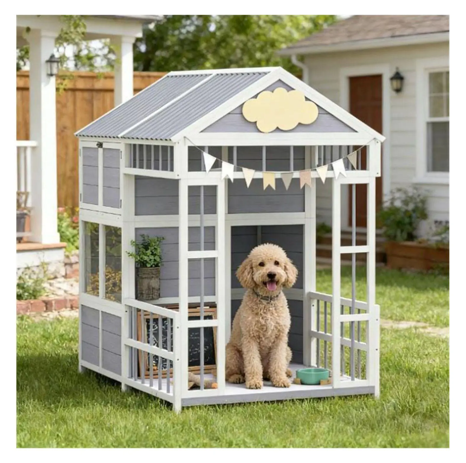 Wooden Dog House Outdoor, Large Dog Kennel with Porch & Storage - Weatherproof Fir Wood Pet House for Dogs up to 66lbs, Gray
