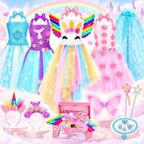 Girls' Princess Costume 18-Piece Dress-Up Set - Birthday-Ready Set, Cosmetic Bag, 18 Costumes to Mix, Cosplays, Ready for Play, Kids Christmas Gifts for Ages 3-6