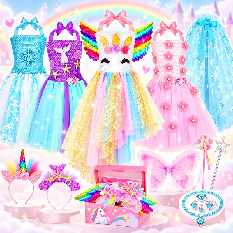 Girls' Princess Costume 18-Piece Dress-Up Set - Birthday-Ready Set, Cosmetic Bag, 18 Costumes to Mix, Cosplays, Ready for Play, Kids Christmas Gifts for Ages 3-6
