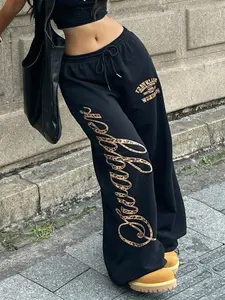 Women's Leopard Print Joggers with Savages Lettering, Loose Fit Casual Street Style Pants, Soft Fabric Y2K Inspired Fashion, Athleisure Pants