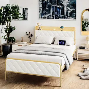 GARVEE King Size Bed Frame, Storage Headboard with Charging Station, Platform Bed with Velvet Backrest, No Box Spring Needed, Easy Assembly, Beige