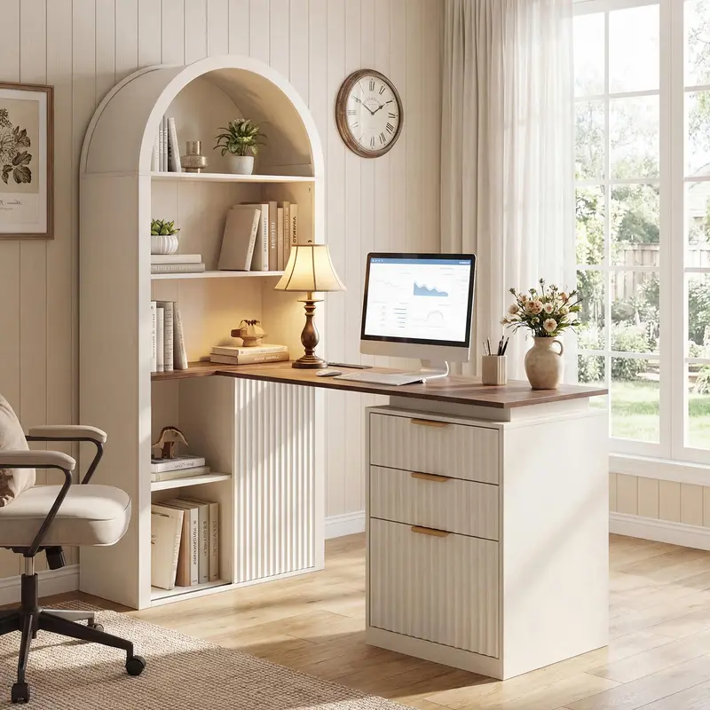 NORTHSKY Sturdy 61" Width L-Shaped Luxury Office Desk - 5-Tier 70.87" Tall Arched Bookshelf, Fluted Panels, 3-Drawer Storage, Sliding Door, Built-In Charging Hub (1 Type-C Port), Thick Wood Desktop, Modern Workstation, Desk for Bedroom, Assembly Required