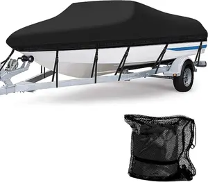 Heavy Duty 600D Marine Grade Polyester Waterproof Boat Cover, All Weather Protection Bass Runabout Boat Cover Fit for V-Hull, TRI-Hull, Pro-Style, Fishing Boat