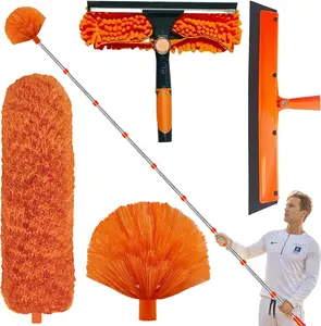 High Reach Duster Set with 3-14 ft Extendable Spliceable Pole (Over 20 ft Total Reach) – Window Washer, Squeegee, Cobweb Remover, Fan Blade Cleaner, Feather Tool for Ceiling Fans, Home Cleaning tiktokshopspringglowup