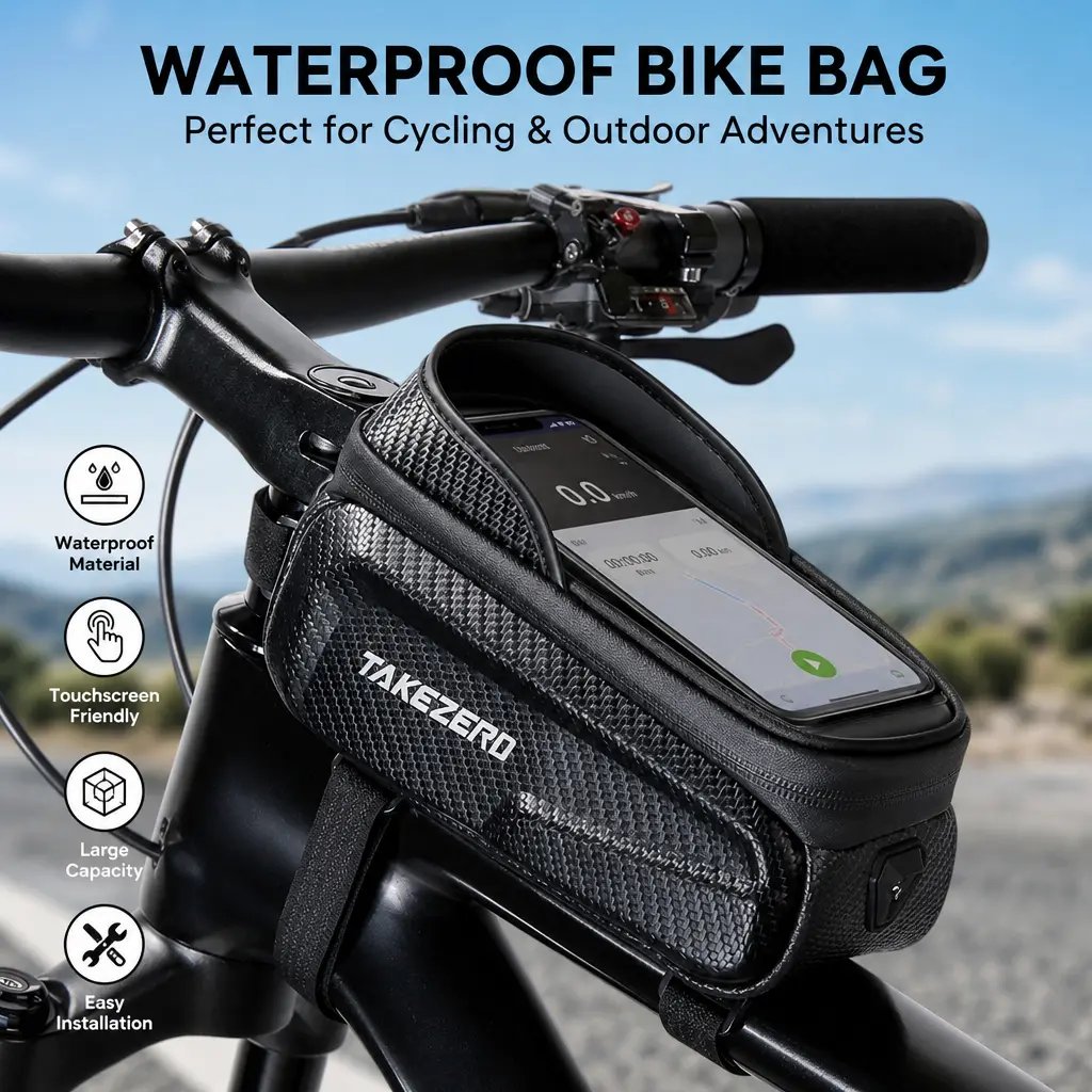 Waterproof Carbon Texture Anti-Scratch EVA Shell Bicycle Frame Bag - Outdoor Equipment, Cycling Gear with Sensitive Touchscreen Stays, Sun Visor, Bicycle Mounting, 6.8" Phone Compatible Ebike Accessories