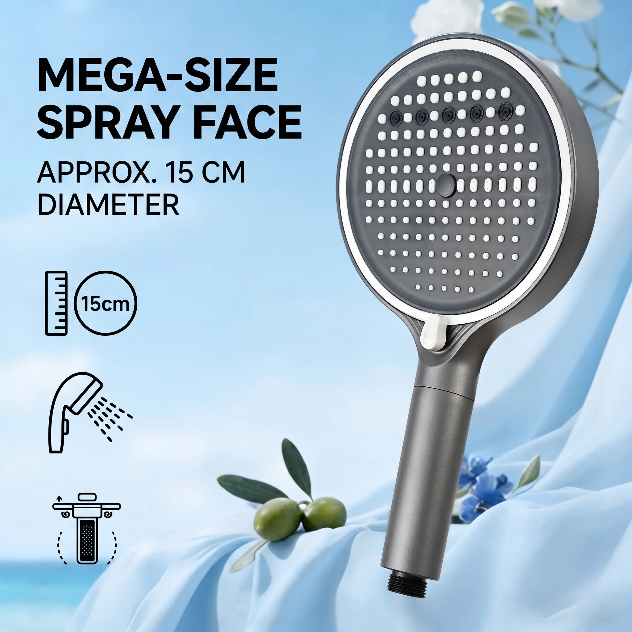 Mega-Size Face Shower Head, 15cm Diameter Spray Shower Head for Enhanced Water Flow and Coverage