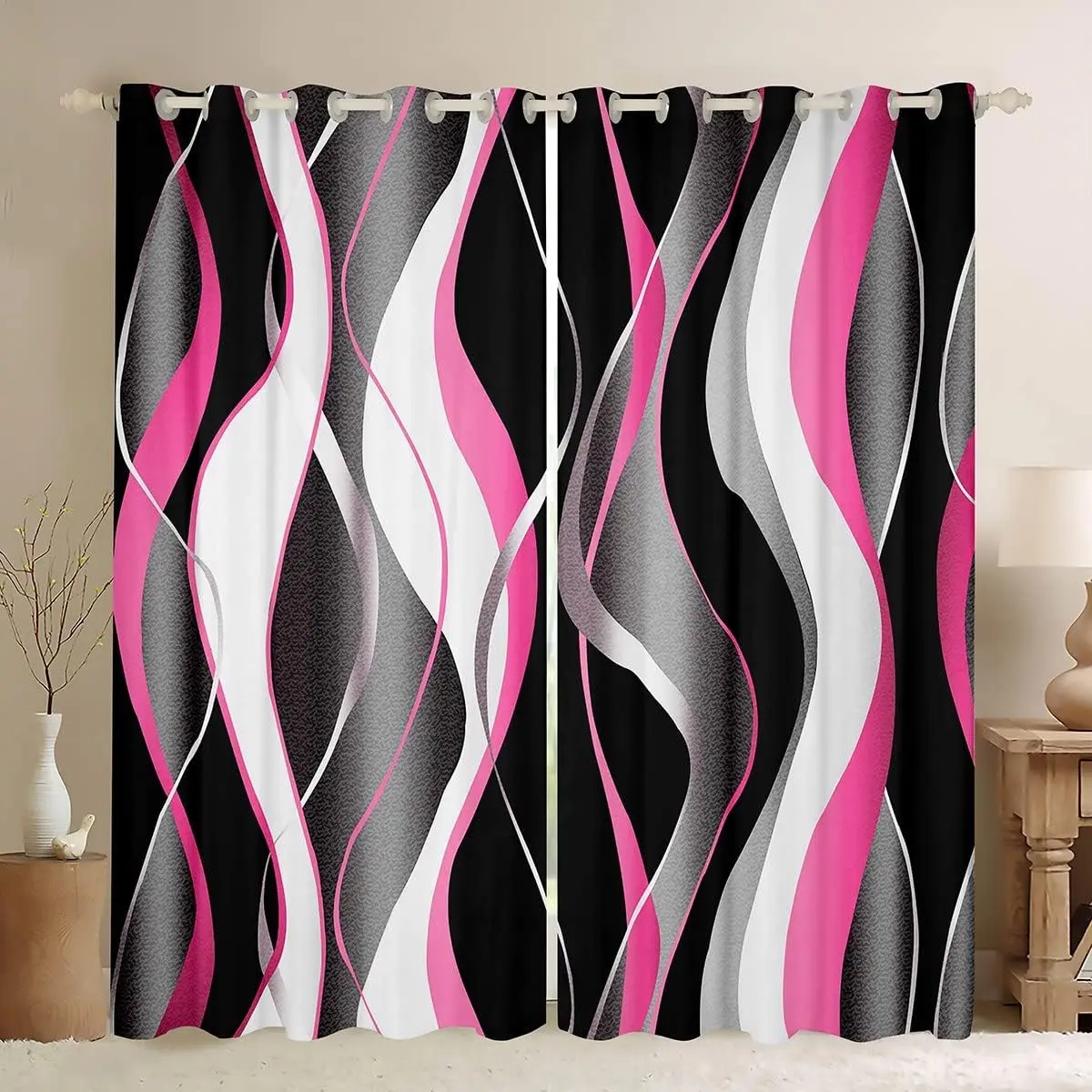 Feelyou Privacy Grommet Curtains - Velvet Colorful Bold Pattern Dark-Colored Retro Geometric Stripes Abstract Design Drapes, 30%-50% Blackout Multi-Size Window Treatments, Colorful Curtains, Bold Pattern Curtains