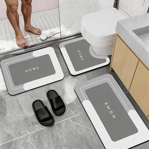 3-Piece Bathroom Rugs Set with Rubber Non-Slip Backing, Super Absorbent Quick-Dry Soft Diatomaceous Earth Mats, Stylish "HOME" Print for Shower & Tub, Minimalist