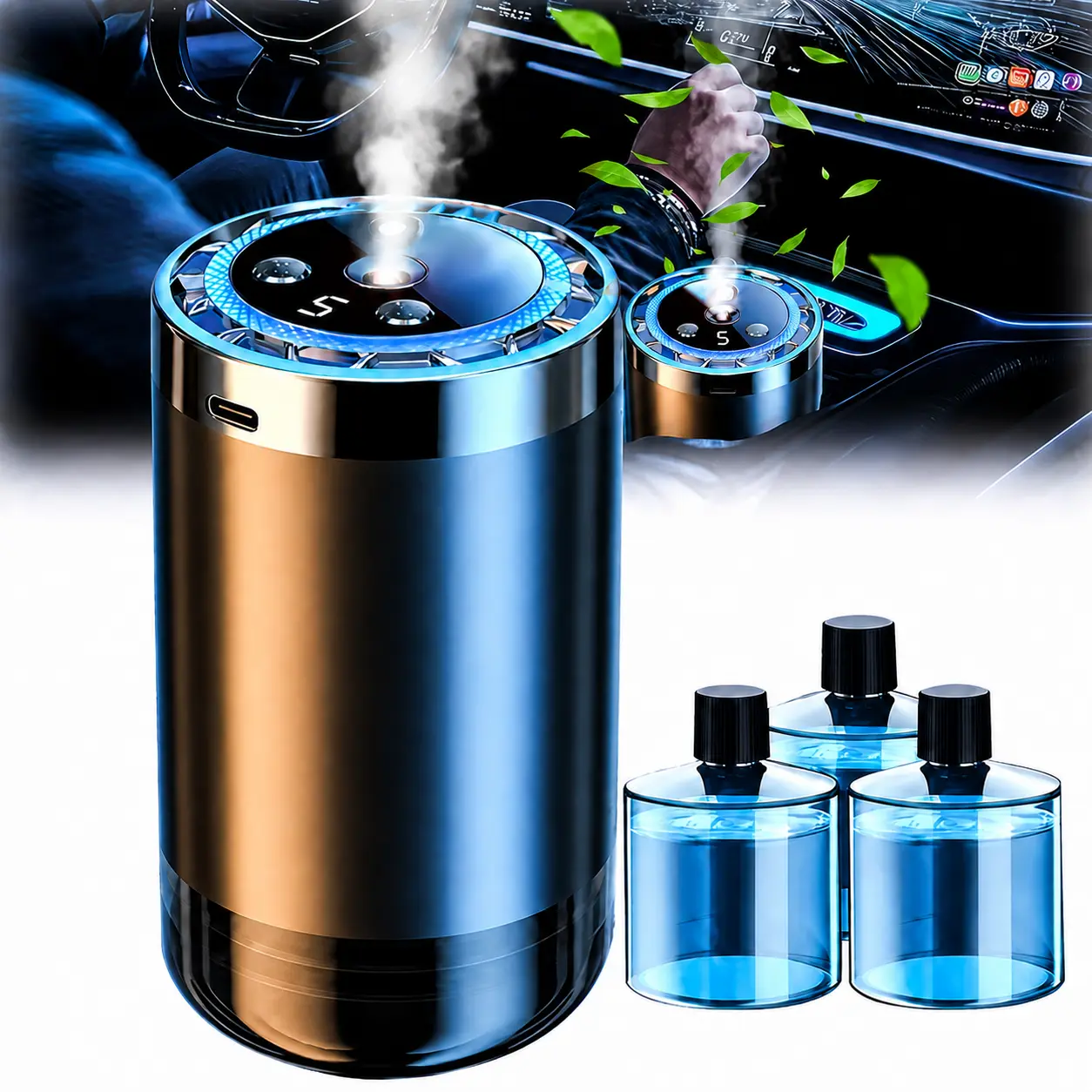 Car Air Freshener Diffuser with 3 Refills - USB Powered Aromatherapy Device for Vehicle Interior - Enhances Air Quality & Comfort