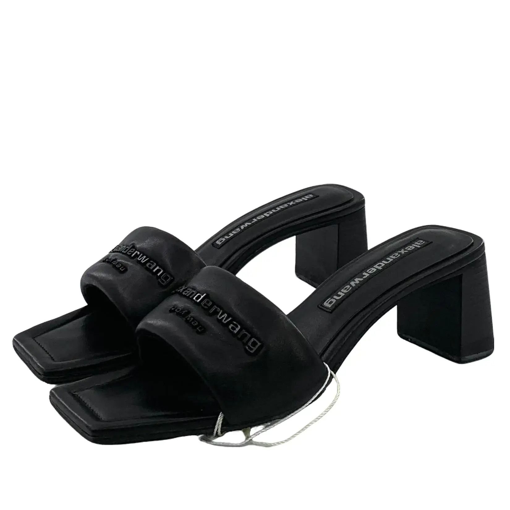 RDLT-Alexander Wang Size 37.5 Black Square-Toe Block-Heel Slide Sandals with Logo Lettering-J37671