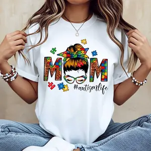 Autism Mom Puzzle Pieces And Glasses Print T Shirt Crewneck Casual Wear For Women Daily Outfit