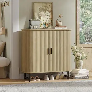 Vabches Shoe Storage Cabinet with Smooth Fluted Sliding Doors, 5-Tier Shoe Cabinet Storage for Entryway, Narrow Hidden Shoe Rack for Front Door Entrance, Metal Handles and Legs, Natural