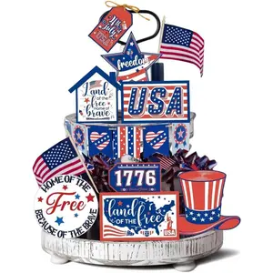13 count 4th of July Patriotic Tiered Tray Decorations - Rustic Wooden Independence Day Decor Set with  Flag &  , Multi-Style Mix for Memorial Day  Party Kitchen Farmhouse Display