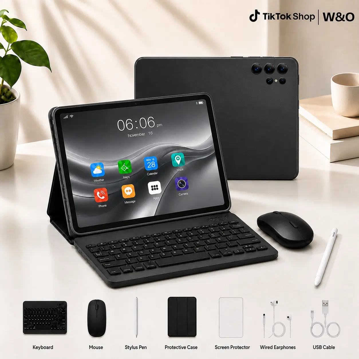 W&O X9 10.1" Android 15 Tablet, IPS Touchscreen, 8GB RAM 256GB Storage, 8000mAh Long-Lasting Battery, Dual WiFi + SIM Support, 9-in-1 Keyboard Mouse Stylus Case Bundle for Back to School, Work, Gaming & Streaming