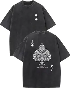 Vintage Washed Reversible-Print T-Shirt (100% Cotton) - Featuring "LUCK AND STRENGTH" lettering and an Ace of Spades graphic; a men's casual tee offering comfort, style, and a street-style aesthetic.