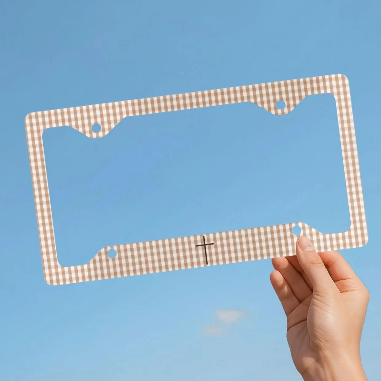 Christian License Plate Frame with Cross, Brown and White Gingham Checkered Pattern Car Accessory