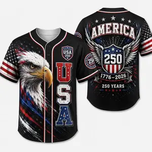 2026 USA 250 Black Button Down Baseball Jersey for Men, Eagle Head Graphic, America 250 Wing Shield Back Print, Flag Sleeve Accents, Short Sleeve Patriotic Baseball Top for July 4th Game Day