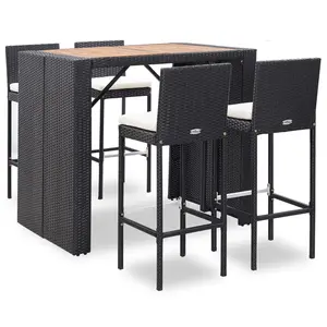 vidaXL Patio Bar Set 5 Piece, Outdoor Bar Table Set with Wood Tabletop, Patio Furniture Set with Cushions, Dining Set for Garden, Rattan and Wood Black 49564
