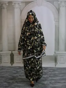 2026 New Middle Eastern Muslim Women's Hooded Comfortable Breathable Prayer Robe, Fashion Floral Long Sleeve Set, Modest Daily Wear
