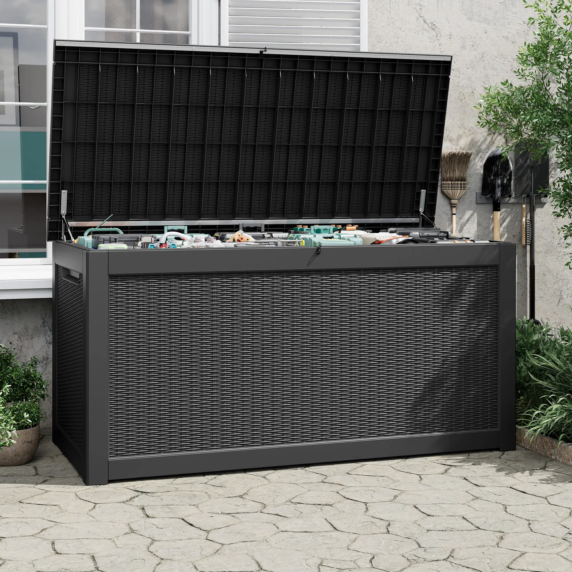 320 Gal Resin Outdoor Storage Box - Waterproof, UV-Resistant, Heavy-Duty Lockable Patio Deck Container (330lbs, 67.7"L×32.2"W×33.7"H, Stool-Compatible, Easy Assembly) for Pool Toys, Garden Tools