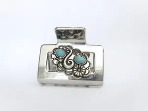 Hair claw clip turquoise blue stones floral western design metal rectangle shape