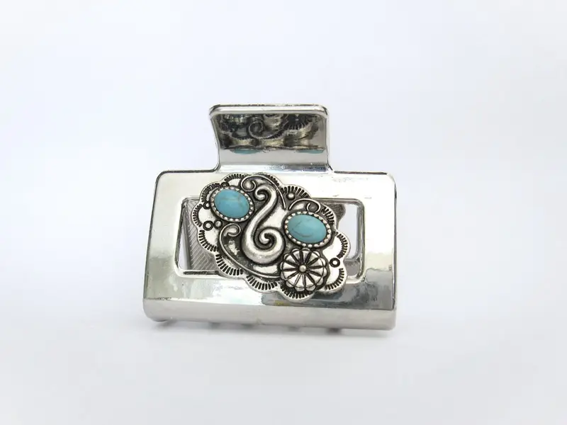 NEW Retro Western Bohemian Silver and Natural Turquoise Luxury Hair Claw Clip metal turquoise western hair claw clip - TikTok Shop main image 4