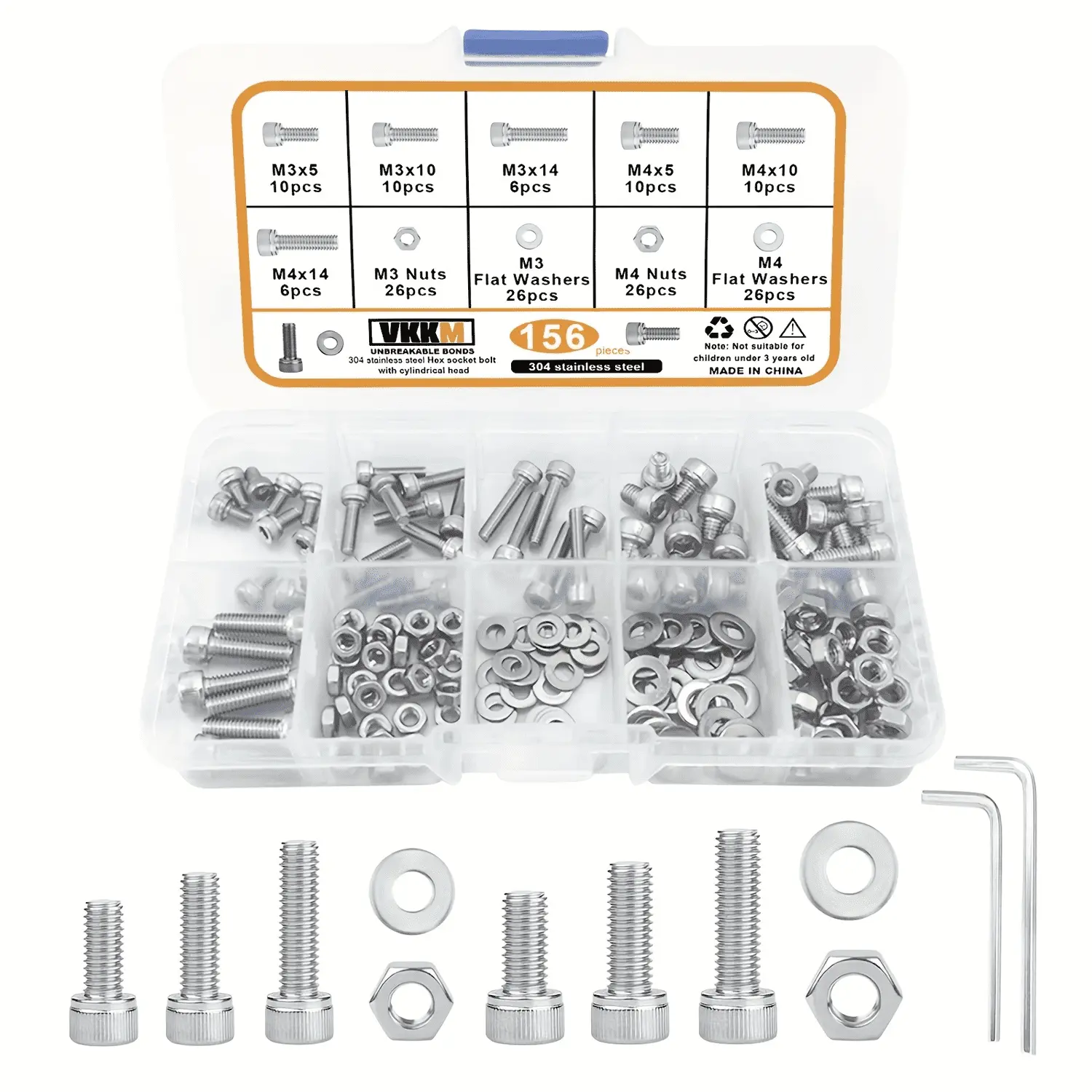 VKKM 156Pcs M3 & M4 Hex Socket Cap Screws Assortment Kit, 304 Stainless Steel Allen Cylinder Head Bolts with Matching Nuts & Flat Washers, Comes with 2 Allen Keys for Motorcycle, Mechanical Equipment, Furniture & DIY Repair