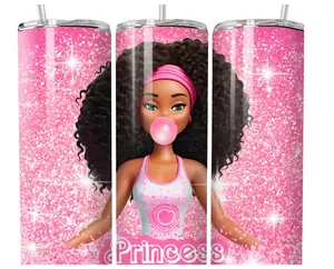 Princess Glitter 20 oz Skinny Tumbler - Double Wall Vacuum Insulated, BPA Free, Clear Straw Included, Individually Boxed Drinkware Bottle