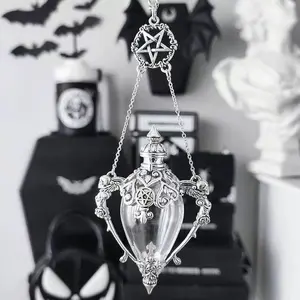 Vintage Gothic Witch Potion Bottle Necklace with Pentagram Skull Death Kiss Pendant in Vintage Silver for Mystical Aesthetics